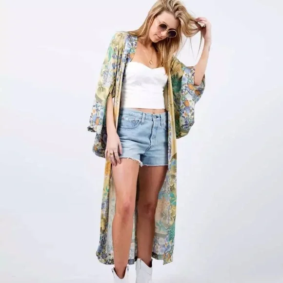 SOLD OUT Yellow Gypsy Willow Floral Open Kimono Duster Robe - Picture 3 of 8